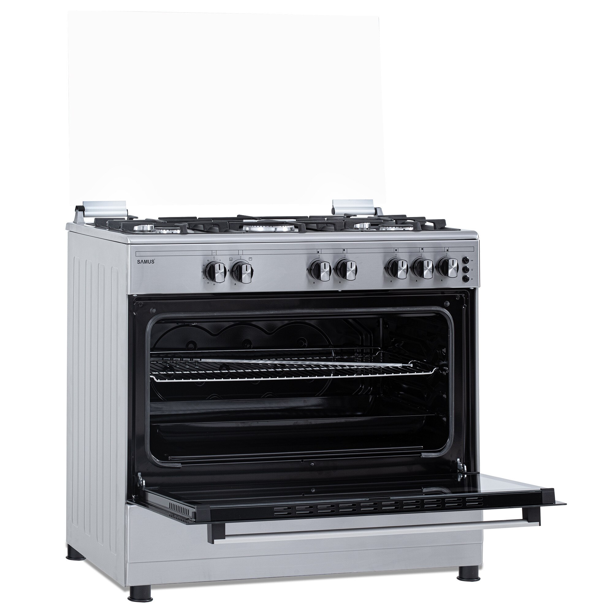 Aragaz Samus SM950AGRXS1, 90 cm, 5 arzatoare, cuptor gaz, aprindere electrica plian si cuptor, timer mecanic, capacitate cuptor 92 L, Inox/Laterale argintii