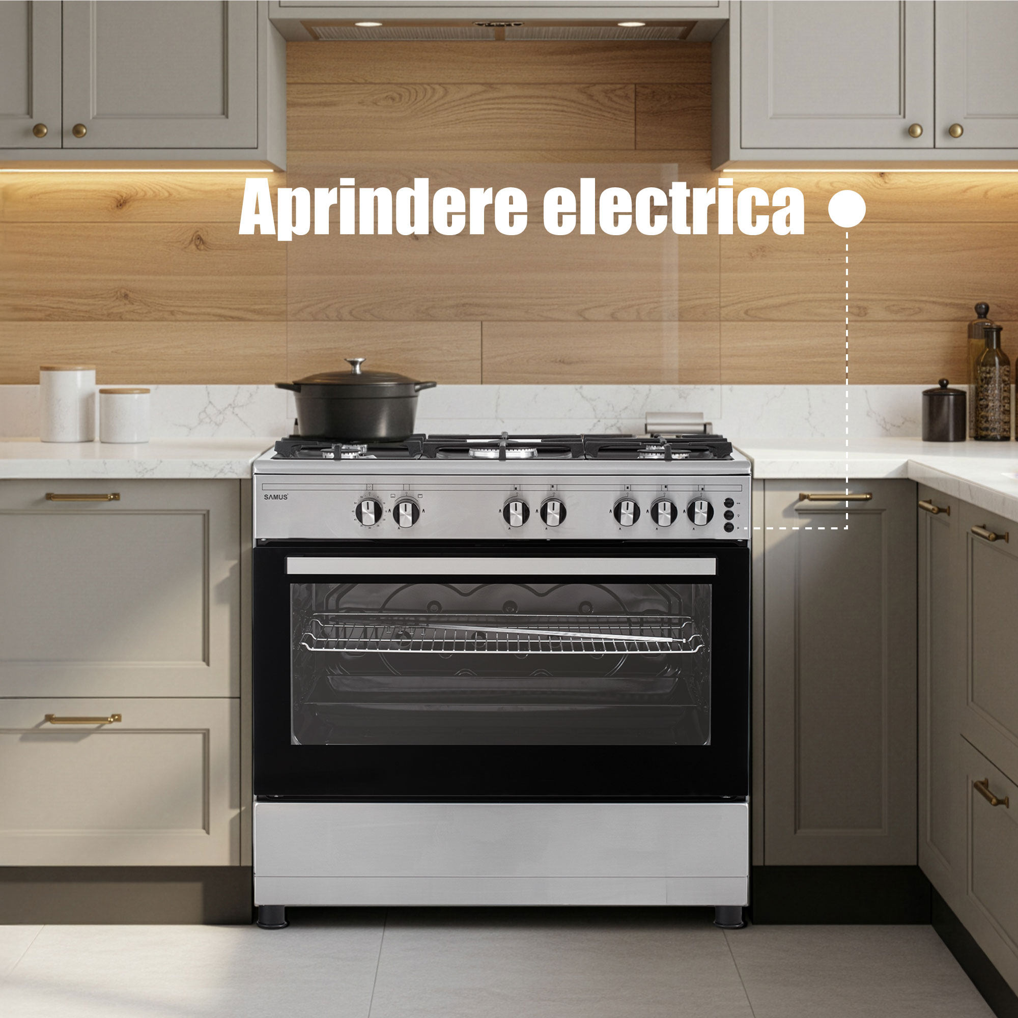 Aragaz Samus SM950AGRXS1, 90 cm, 5 arzatoare, cuptor gaz, aprindere electrica plian si cuptor, timer mecanic, capacitate cuptor 92 L, Inox/Laterale argintii