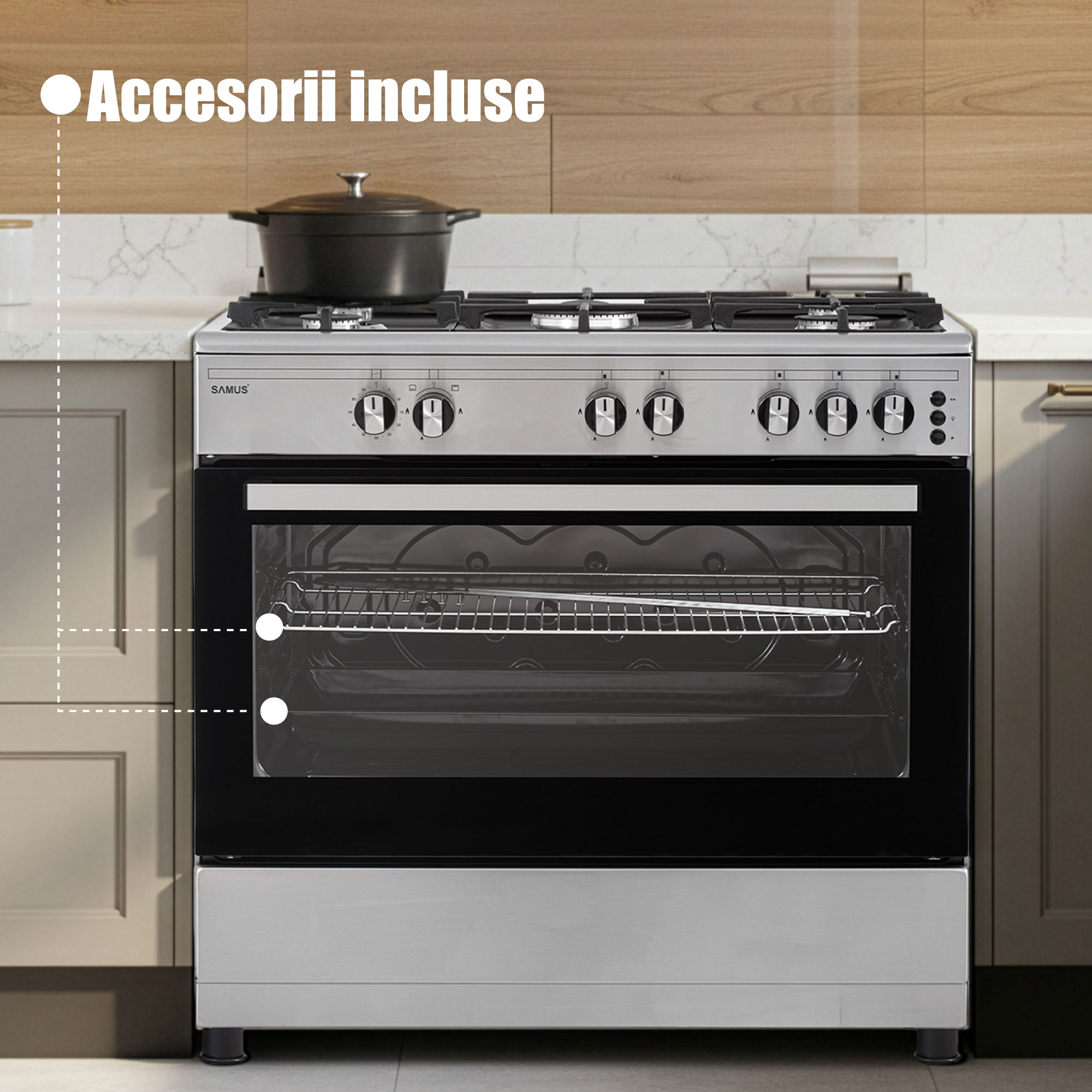 Aragaz Samus SM950AGRXS1, 90 cm, 5 arzatoare, cuptor gaz, aprindere electrica plian si cuptor, timer mecanic, capacitate cuptor 92 L, Inox/Laterale argintii
