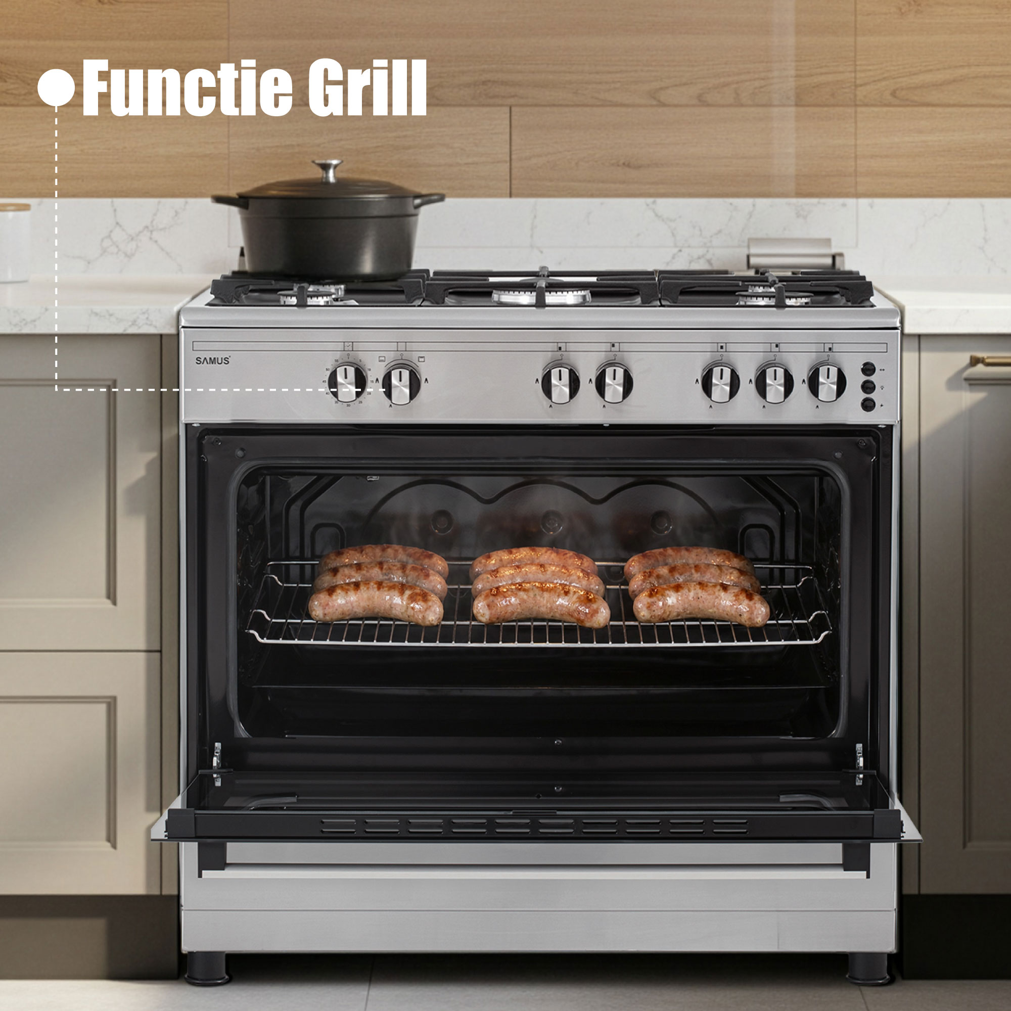 Aragaz Samus SM950AGRXS1, 90 cm, 5 arzatoare, cuptor gaz, aprindere electrica plian si cuptor, timer mecanic, capacitate cuptor 92 L, Inox/Laterale argintii