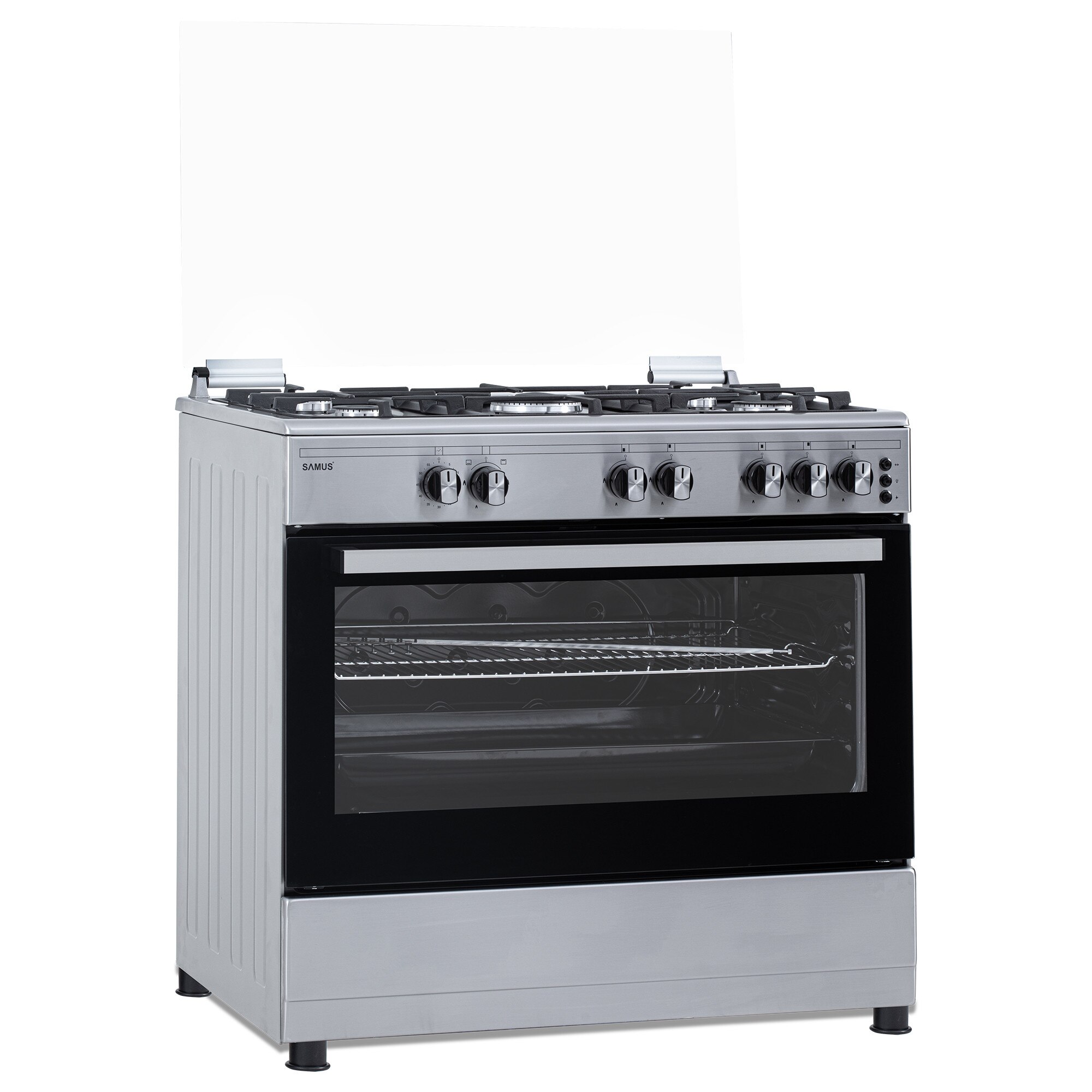 Aragaz Samus SM950AGRXS1, 90 cm, 5 arzatoare, cuptor gaz, aprindere electrica plian si cuptor, timer mecanic, capacitate cuptor 92 L, Inox/Laterale argintii