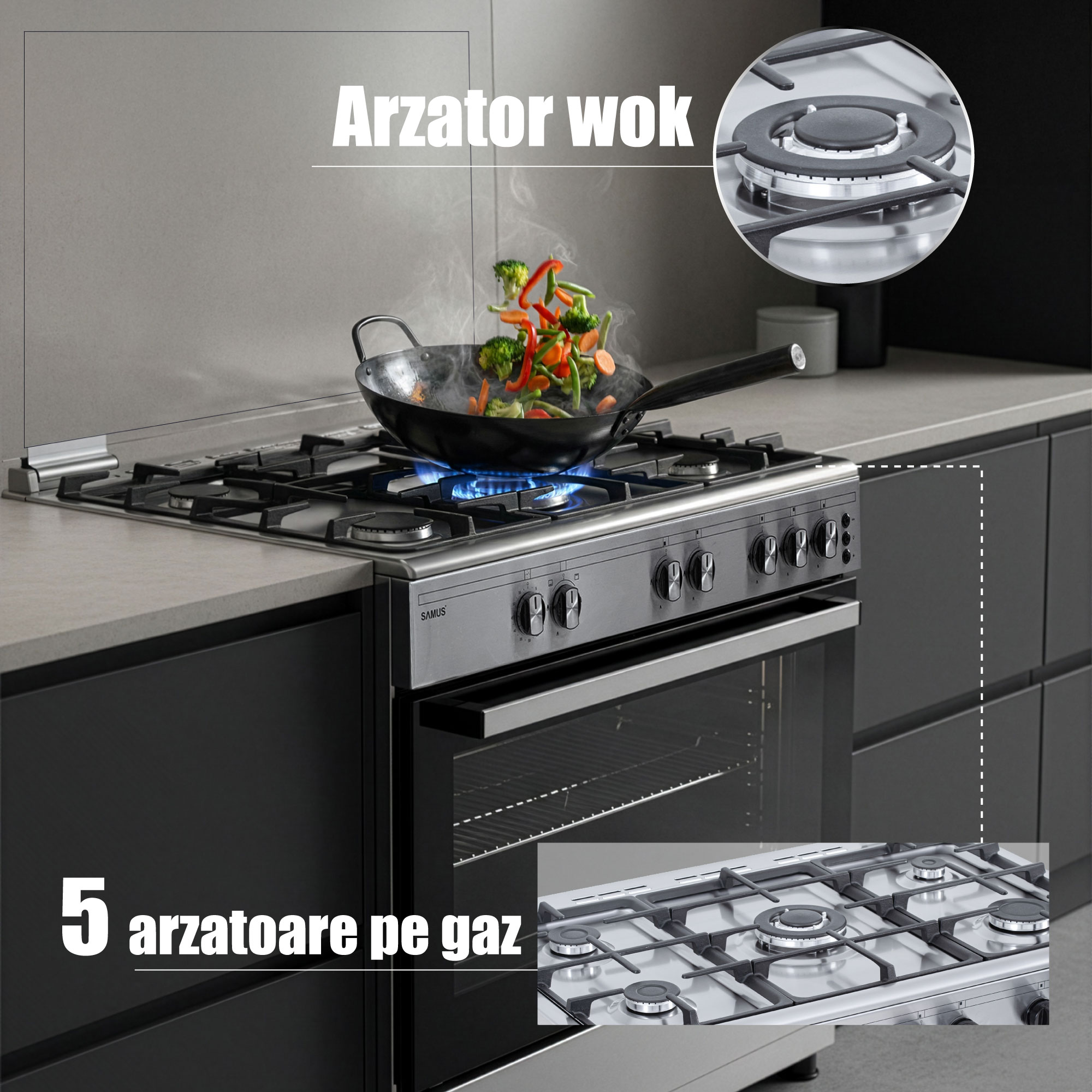 Aragaz Samus SM950AGRXS1, 90 cm, 5 arzatoare, cuptor gaz, aprindere electrica plian si cuptor, timer mecanic, capacitate cuptor 92 L, Inox/Laterale argintii