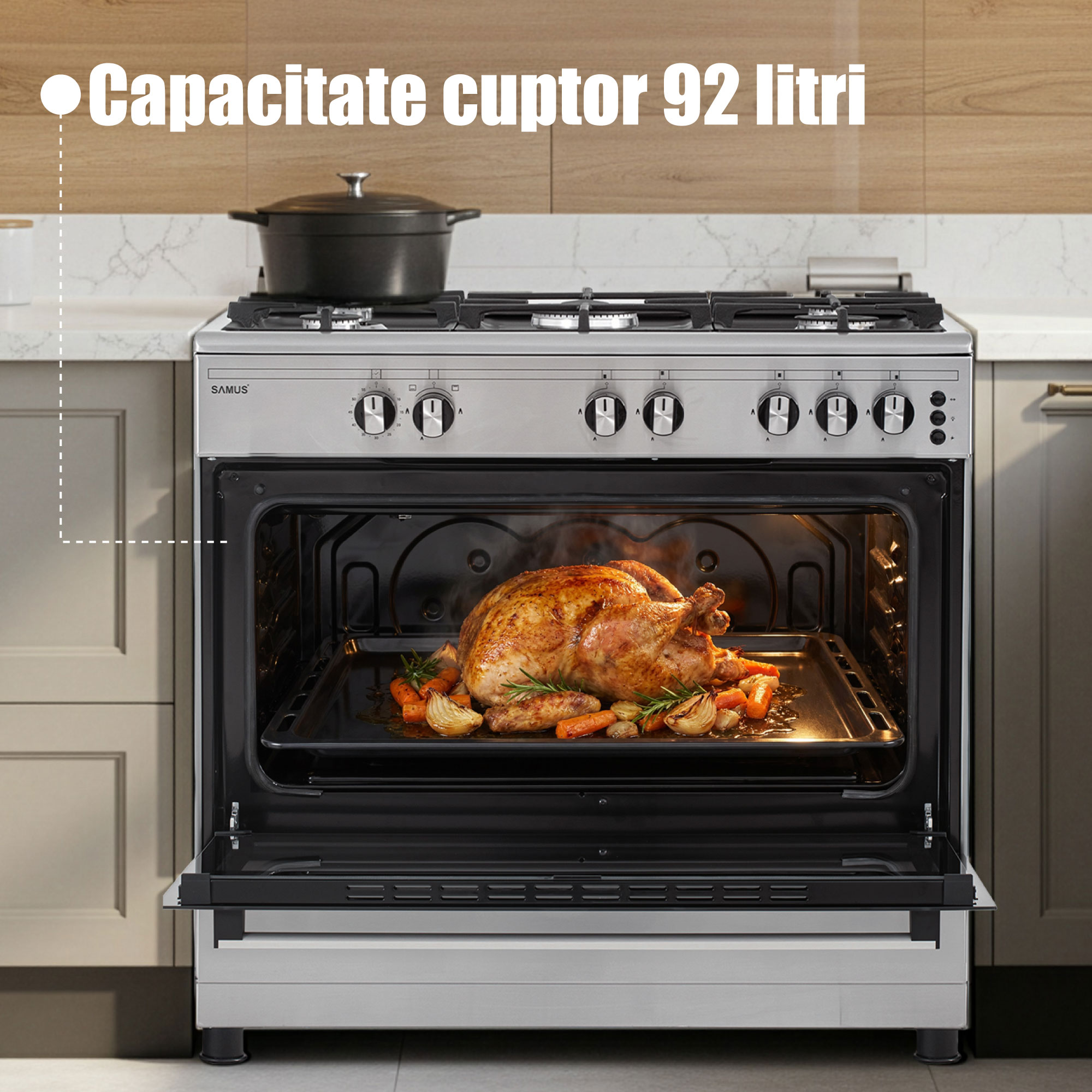 Aragaz Samus SM950AGRXS1, 90 cm, 5 arzatoare, cuptor gaz, aprindere electrica plian si cuptor, timer mecanic, capacitate cuptor 92 L, Inox/Laterale argintii