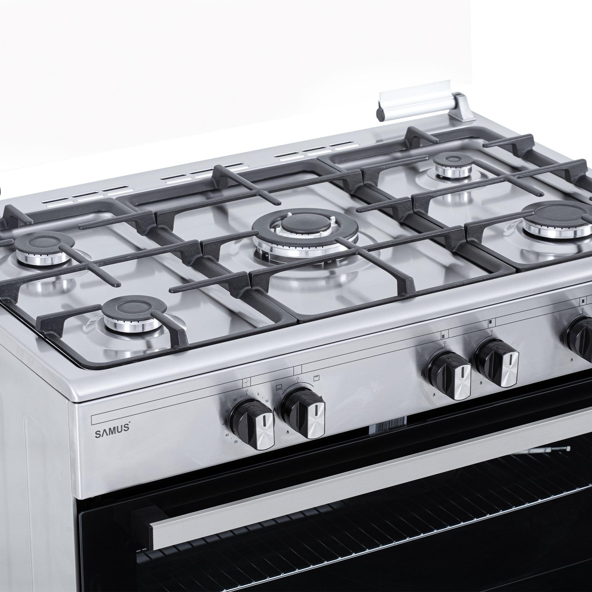 Aragaz Samus SM950AGRXS1, 90 cm, 5 arzatoare, cuptor gaz, aprindere electrica plian si cuptor, timer mecanic, capacitate cuptor 92 L, Inox/Laterale argintii