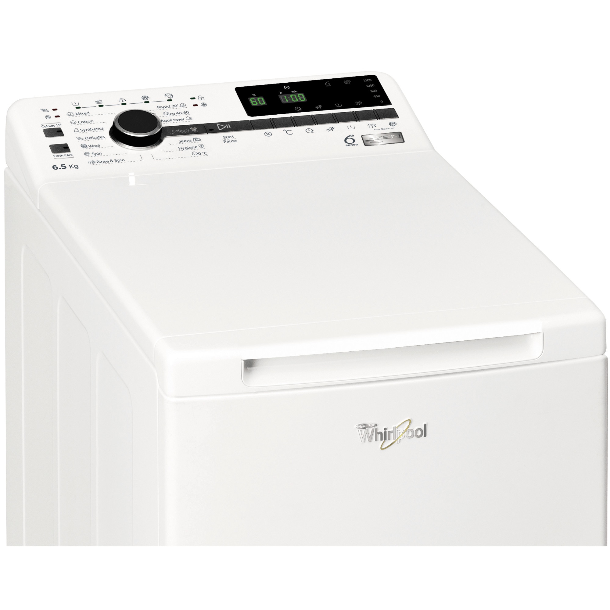Masina de spalat rufe cu incarcare verticala Whirlpool TDLRB65242BSEUN, 6.5 kg, 1200 RPM, Clasa C, Motor Inverter ZEN, Tehnologia al-6lea Simt, Alb