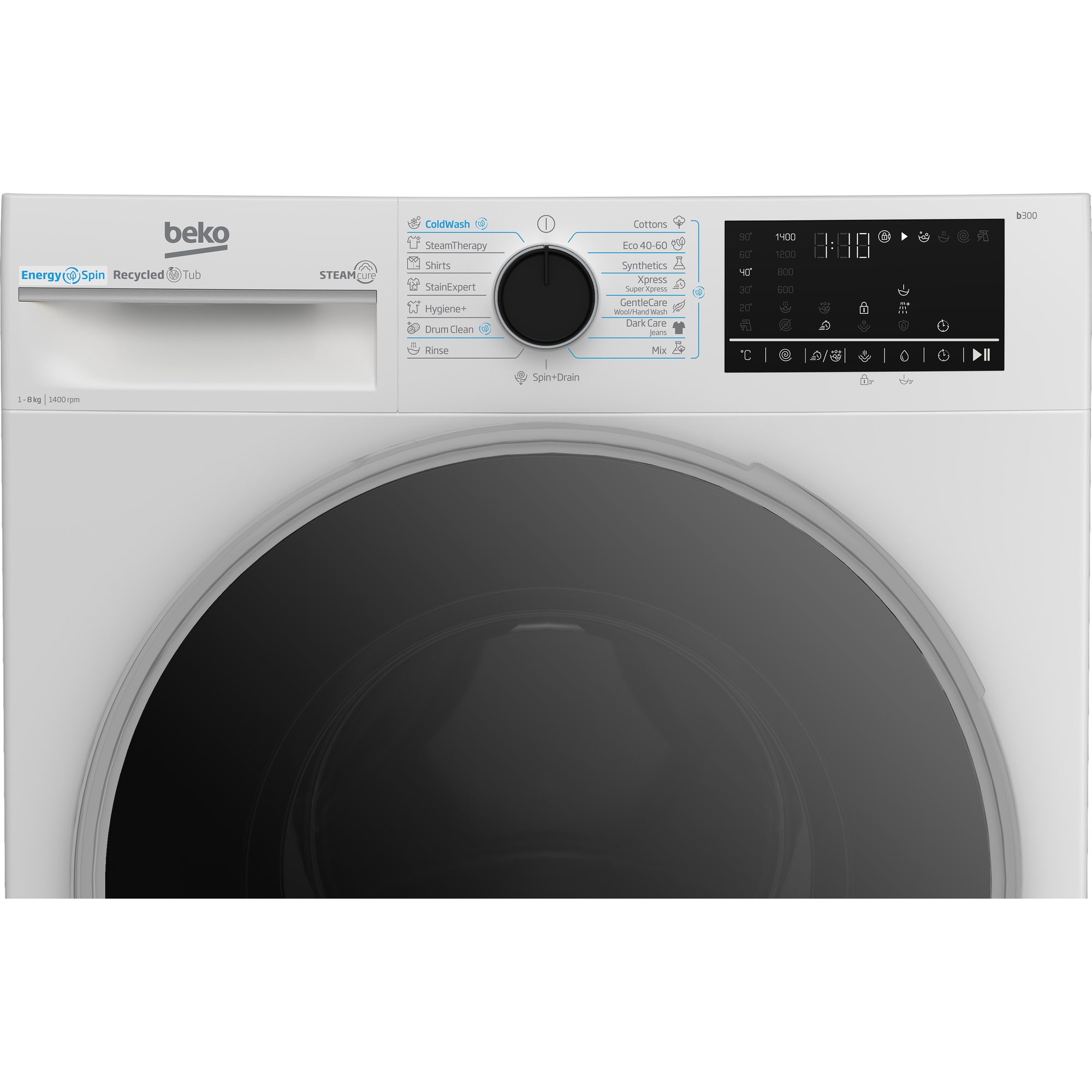 Masina de spalat rufe Beko B3WFU48415WB2ES, 8 kg, 1400 RPM, Clasa A, SteamCure, AddXtra, Motor ProSmart Inverter, AutoClean Detergent Drawer, Alb