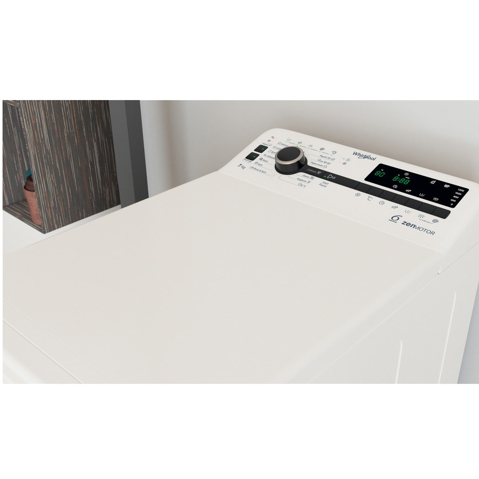 Masina de spalat rufe cu incarcare verticala Whirlpool TDLRB7232BSEU, 7 kg, 1200 rpm, Clasa D, Motor Inverter Zen, Display Digital, Tehnologia Al 6-lea Simt, Alb