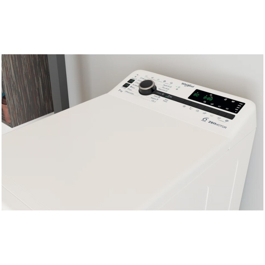 Masina de spalat rufe cu incarcare verticala Whirlpool TDLRB7232BSEU, 7 kg, 1200 rpm, Clasa D, Motor Inverter Zen, Display Digital, Tehnologia Al 6-lea Simt, Alb