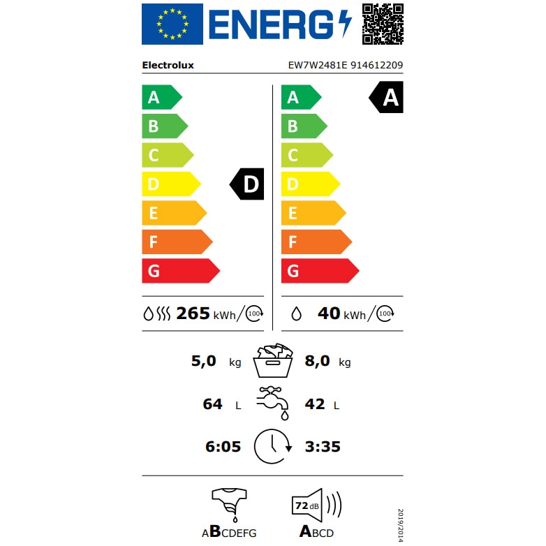 Masina de spalat rufe cu uscator Electrolux Ecoline EW7W2481E, 8 kg spalare, 5 kg uscare, 1400 RPM, LCD, Clase A, Motor Inverter, SteamCare+Sensicare, TimeManager, Alb