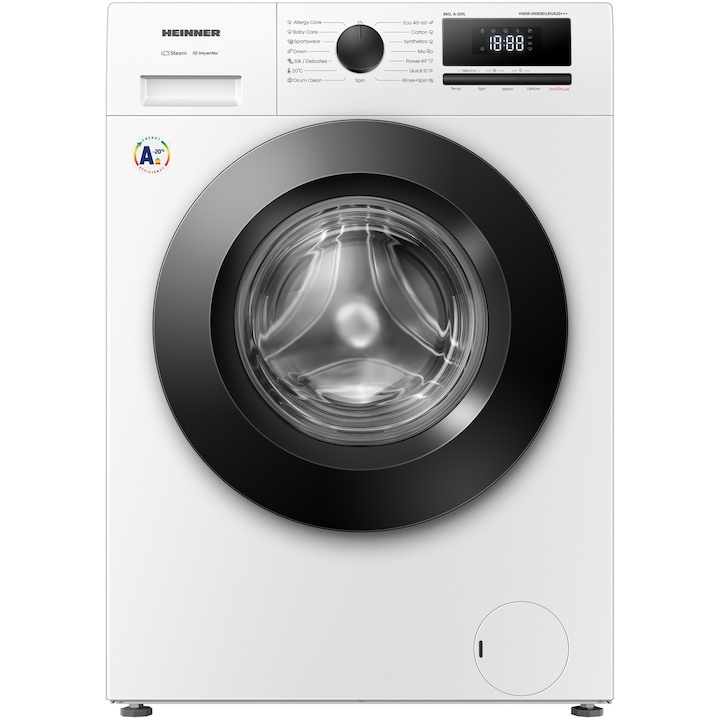 Masina de spalat rufe HEINNER HWM-HME8014IVA20+++, 8 KG, 1400 RPM, Clasa A-20%, MOTOR INVERTER, Display digital, Program Allergy steam, Alb