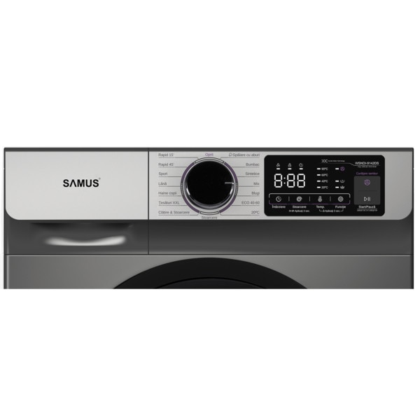 Masina de spalat rufe Samus WSADI-9142DS, Capacitate 9 Kg, 15 programe, Viteza de centrifugare 1400 rot/min, Clasa energetica A, Gri