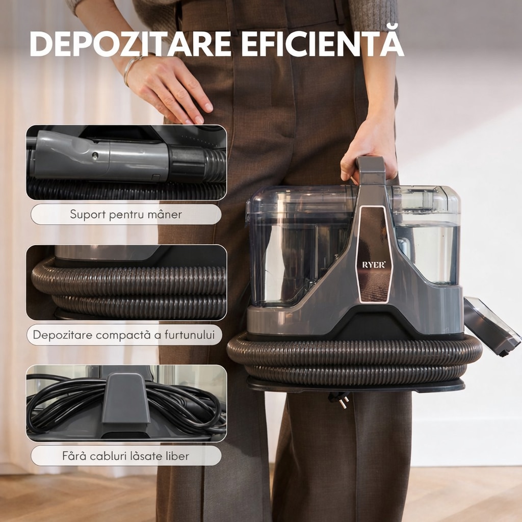 Aspirator profesional cu spalare Ryer Carpet Cleaner PLUS Injectie-Extractie, Curatator de pete textile, covoare, tapiterii, geamuri, podele