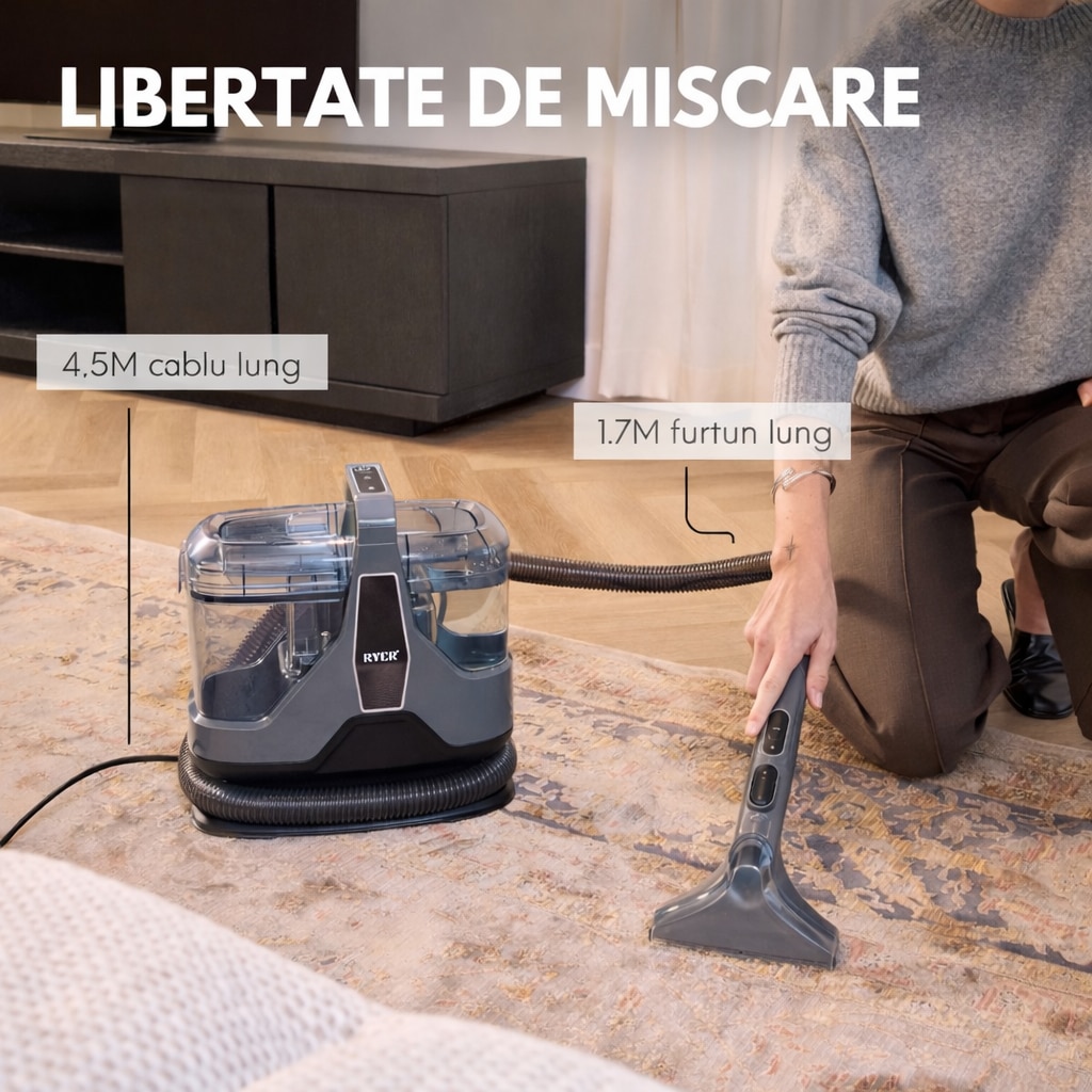 Aspirator profesional cu spalare Ryer Carpet Cleaner PLUS Injectie-Extractie, Curatator de pete textile, covoare, tapiterii, geamuri, podele