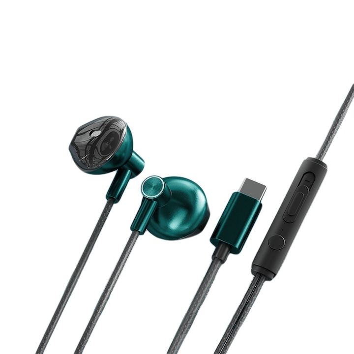 Casti cu fir, in-ear, tip C, verde, design ergonomic, sunet de inalta fidelitate