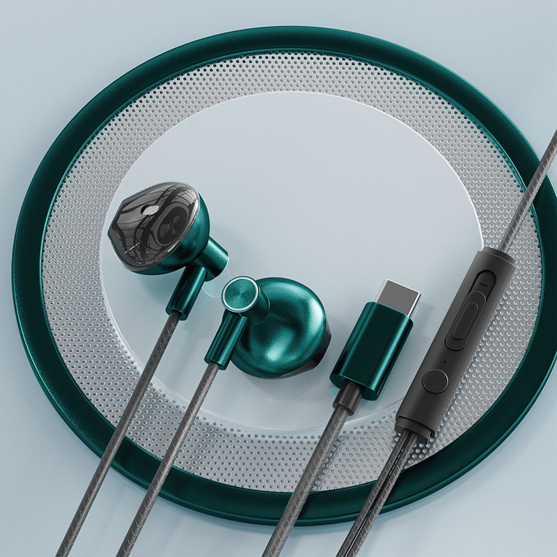 Casti cu fir, in-ear, tip C, verde, design ergonomic, sunet de inalta fidelitate