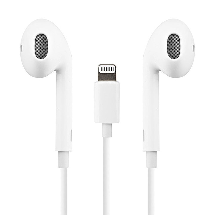 Casti audio pentru iPhone, mufa tip Lightning, Butoane control volum, Anulare activa a zgomotului de fundal, Stereo, Alb