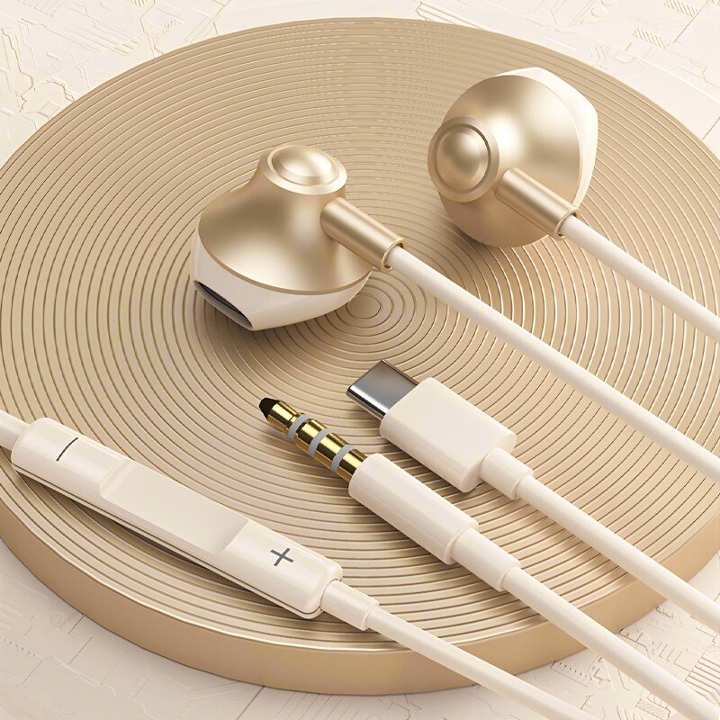 Casti cu fir, USB-C, design ergonomic, auriu, lungime 1.2m