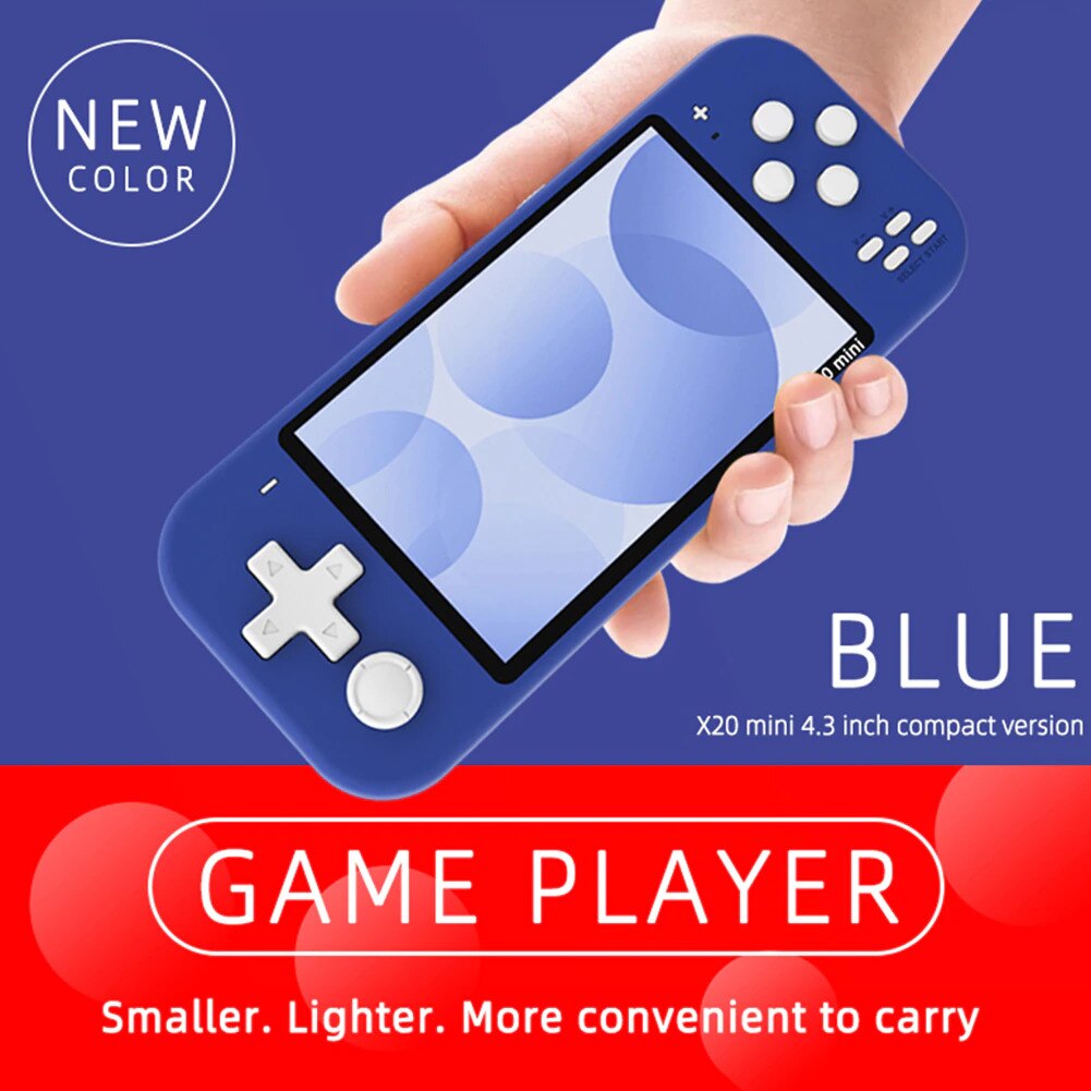 Consola de jocuri portabila, STELS, X20 Mini, Tehnologie inteligenta, Ecran color de 4.3 inch, 10.000 de jocuri, Albastru