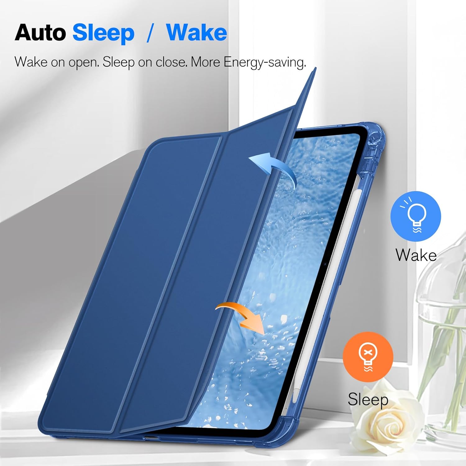 Husă tip carte OSIRION pentru iPad Pro 11 inch, suport magnetic, Auto Sleep/Wake, albastră închis