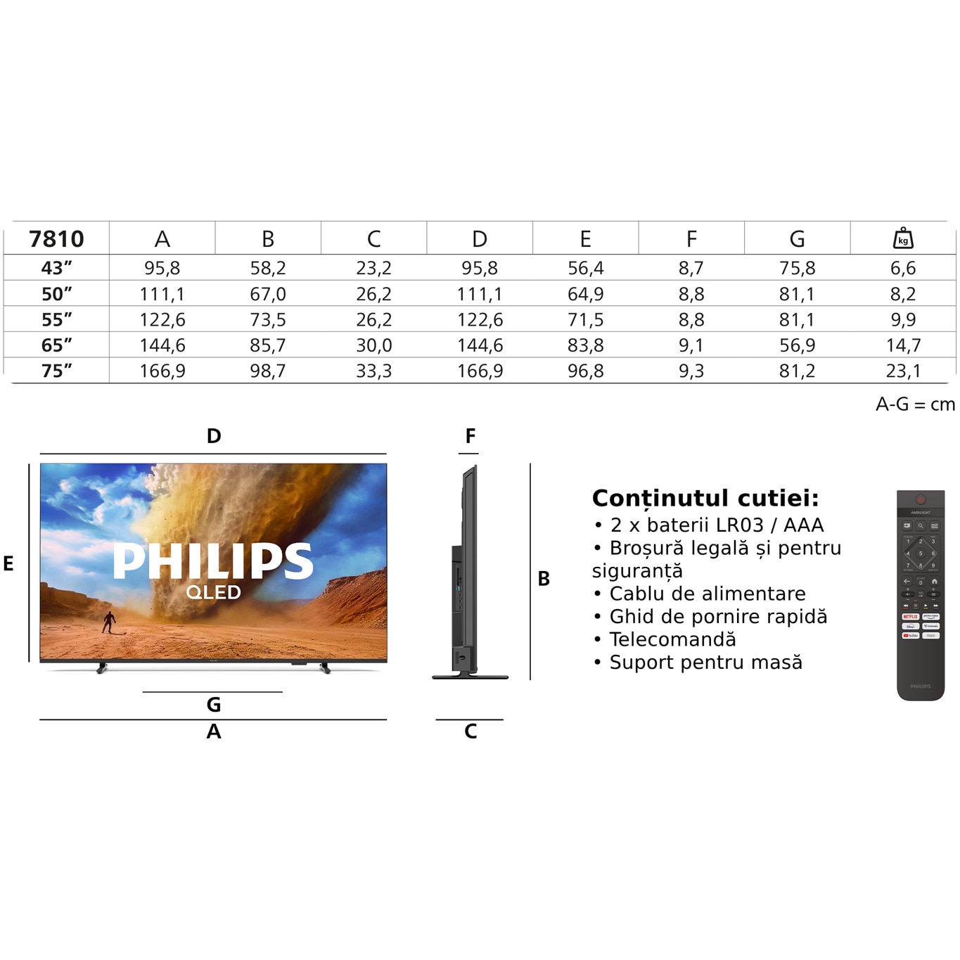 Televizor Philips QLED 65PUS7810, 164 cm, Smart TV, 4K Ultra HD, Clasa E (Model 2025)