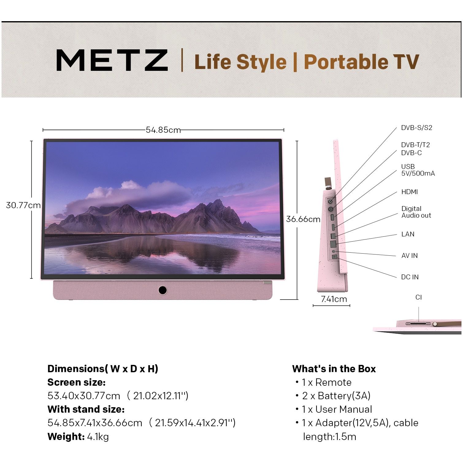 Televizor portabil METZ LED 24MPE7300Z, 60 cm, Smart Google TV, adaptor alimentare 12V, Full HD, Clasa E (Model 2025)