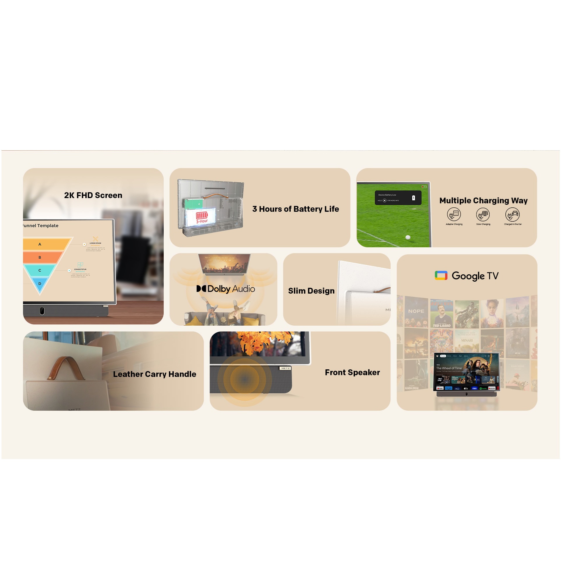 Televizor portabil METZ LED 24MPE7300Z, 60 cm, Smart Google TV, adaptor alimentare 12V, Full HD, Clasa E (Model 2025)