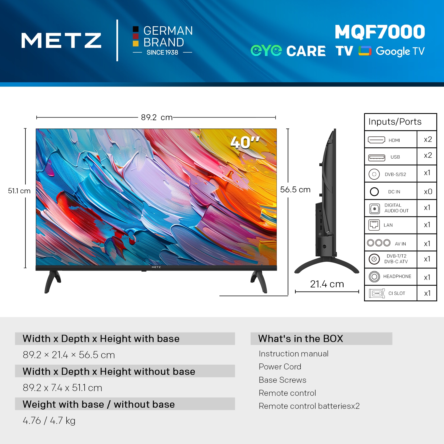 Televizor METZ QLED 32MQF7000Z, 80 cm, Smart Google TV, HD, Clasa E (Model 2025)