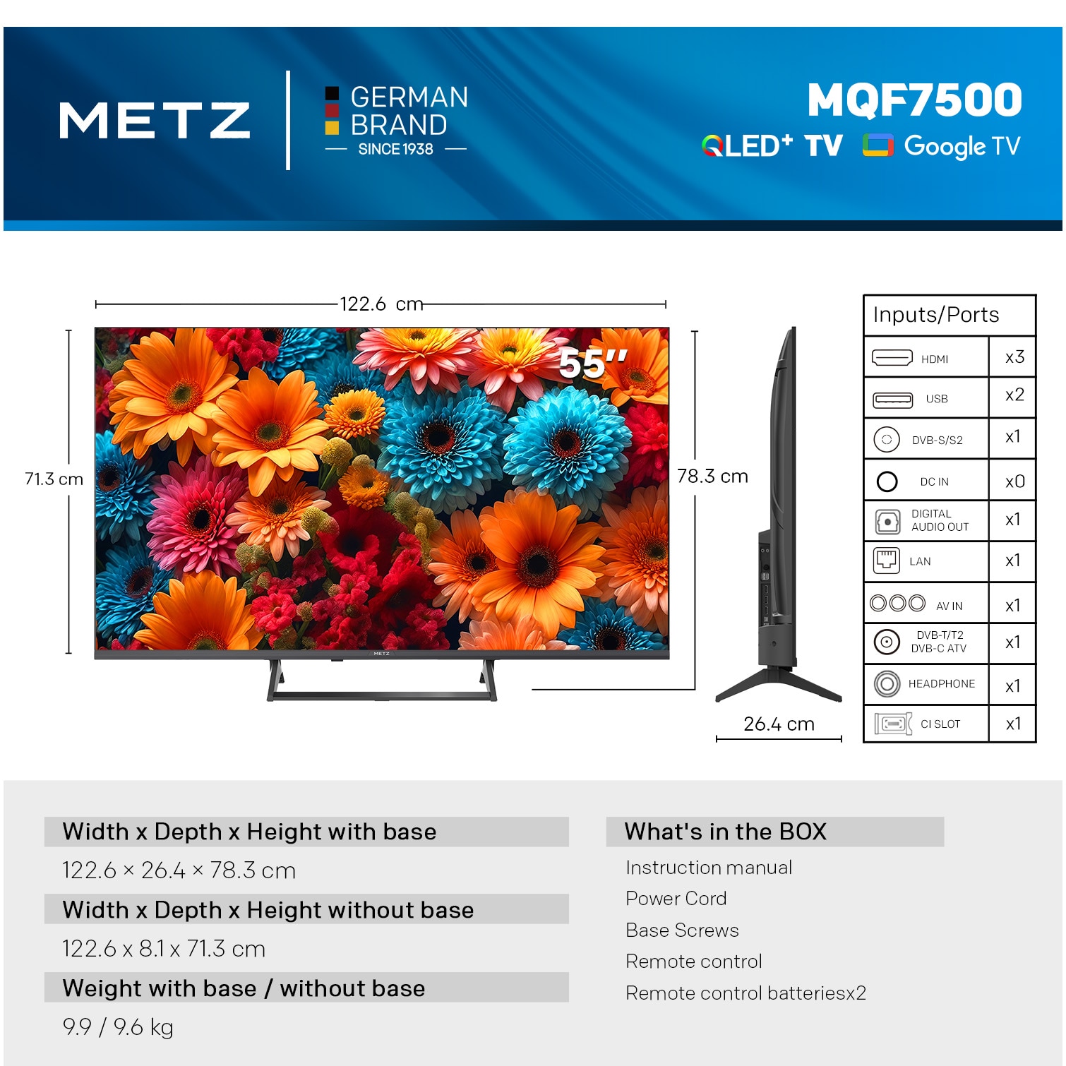 Televizor METZ QLED 55MQF7500Z, 139 cm, Smart Google TV, 4K Ultra HD, Clasa F (Model 2025)