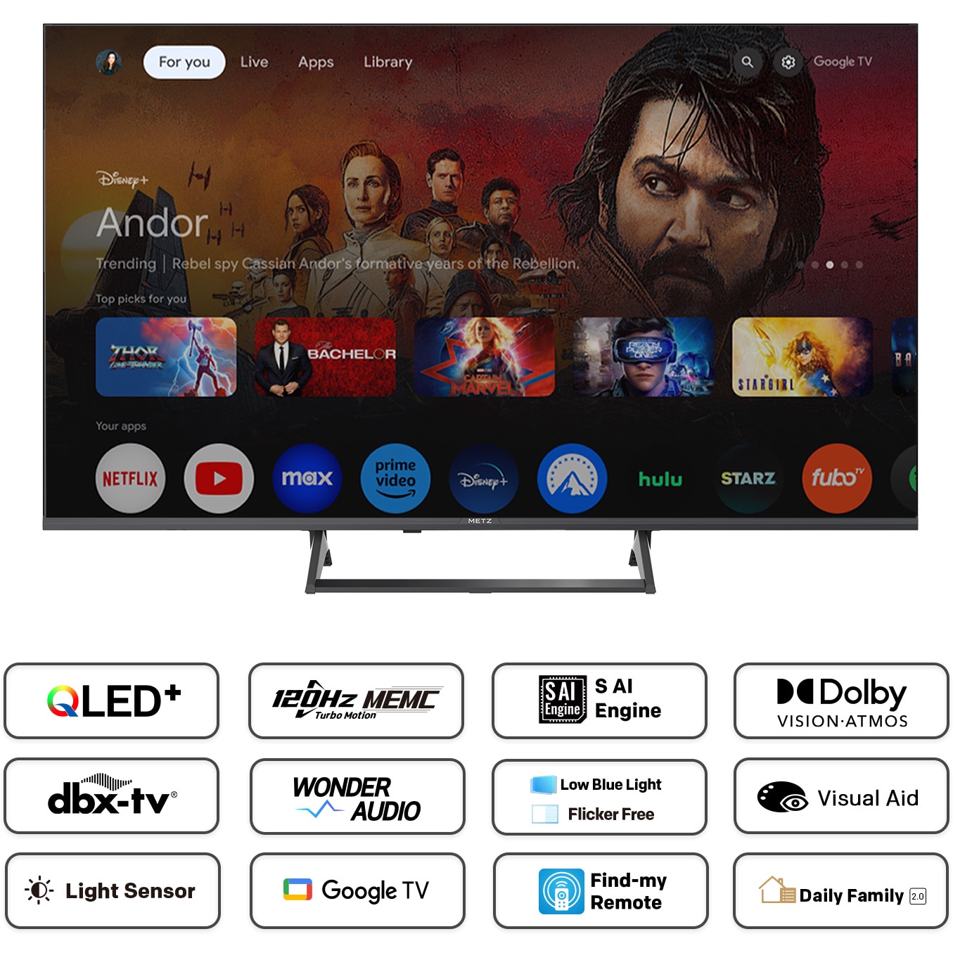 Televizor METZ QLED 55MQF7500Z, 139 cm, Smart Google TV, 4K Ultra HD, Clasa F (Model 2025)