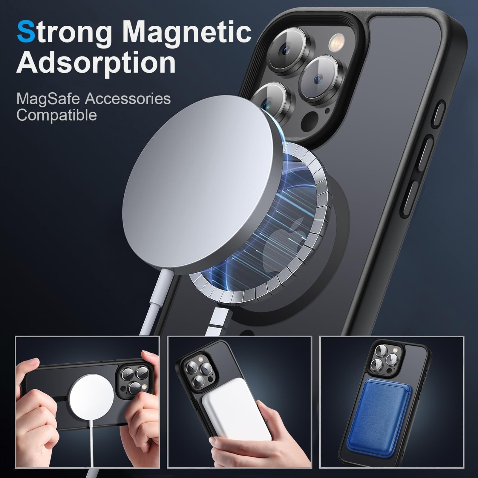 Husa pentru iPhone 15 Pro Max, SINBINTA, Cu carpa de curatare, Atractie magnetica, Cu incarcare Magsafe, Rezistent la petele de ulei, Subtire anti-alunecare, Durabil, TPU/Policarbonat, Negru