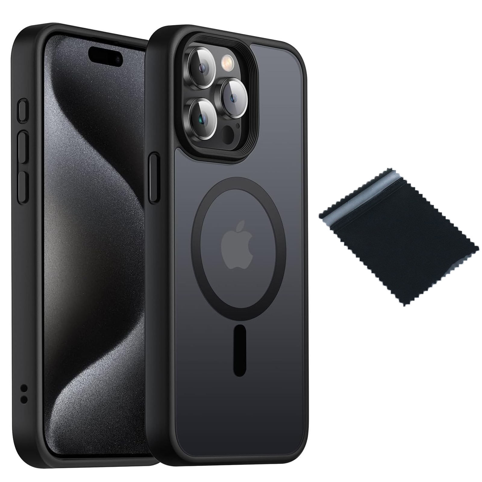 Husa pentru iPhone 15 Pro Max, SINBINTA, Cu carpa de curatare, Atractie magnetica, Cu incarcare Magsafe, Rezistent la petele de ulei, Subtire anti-alunecare, Durabil, TPU/Policarbonat, Negru