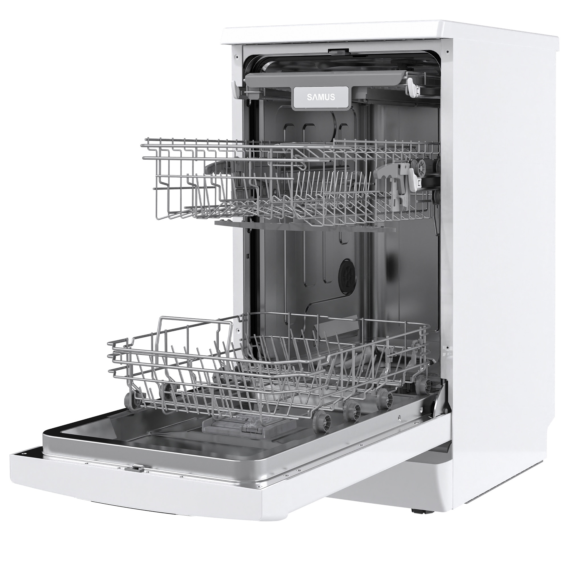 Masina de spalat vase Samus SDW410.8, 10 seturi, Latime 45 cm, 8 Programe, Clasa energetica E, Afisaj electronic, Alb