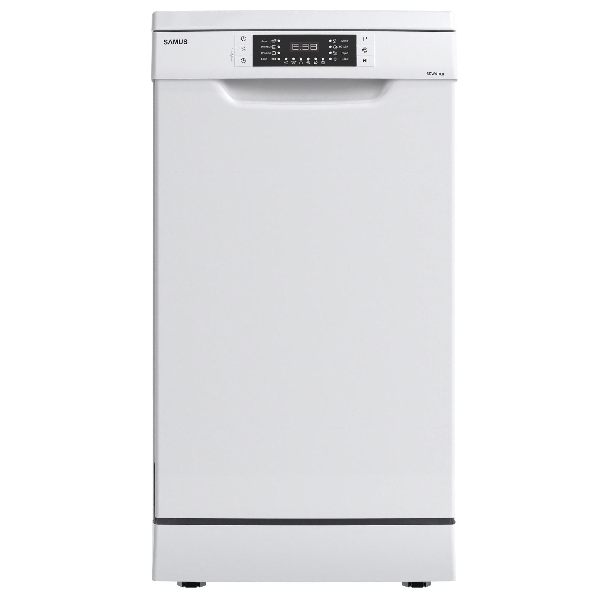 Masina de spalat vase Samus SDW410.8, 10 seturi, Latime 45 cm, 8 Programe, Clasa energetica E, Afisaj electronic, Alb