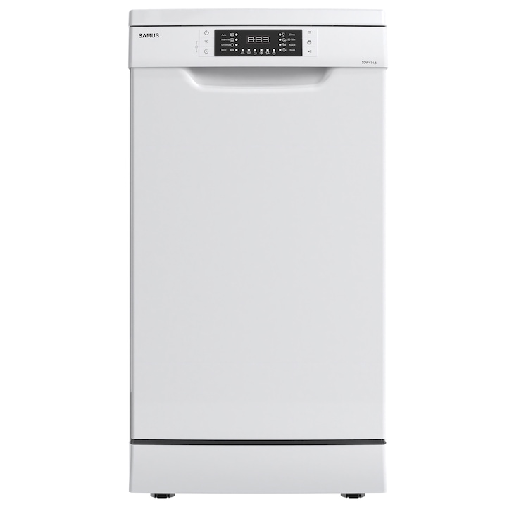 Masina de spalat vase Samus SDW410.8, 10 seturi, Latime 45 cm, 8 Programe, Clasa energetica E, Afisaj electronic, Alb