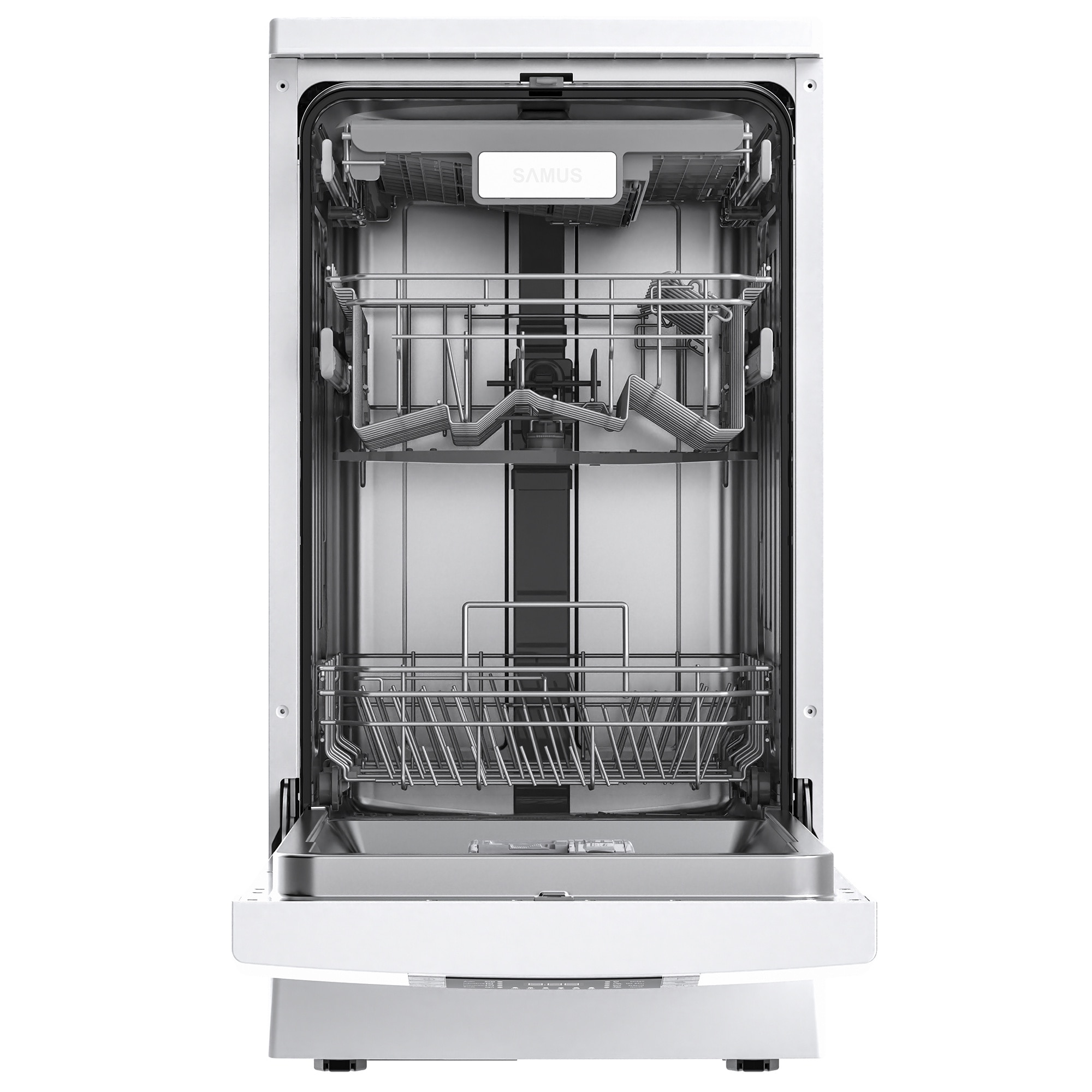 Masina de spalat vase Samus SDW410.8, 10 seturi, Latime 45 cm, 8 Programe, Clasa energetica E, Afisaj electronic, Alb