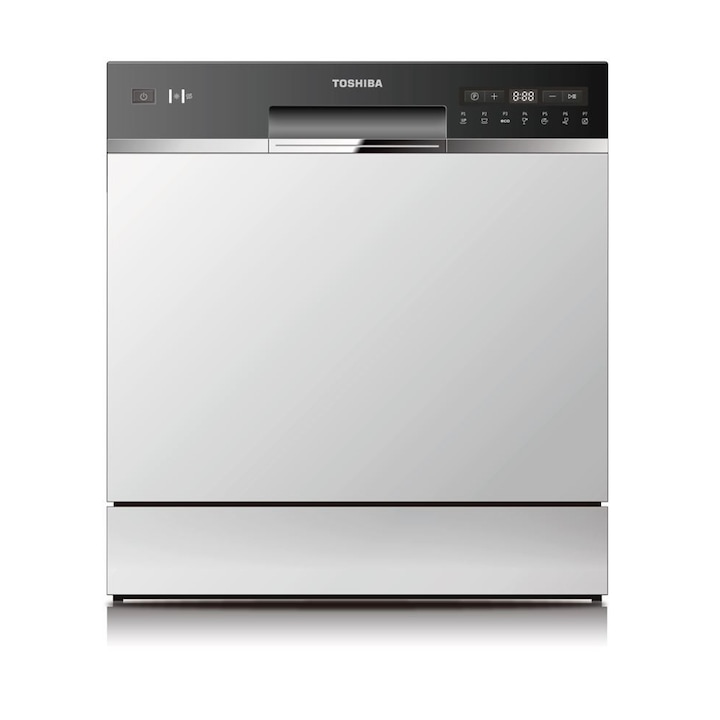 Masina spalat vase compacta Toshiba DW-08T2EW, Clasa F, 8 seturi, 7 programe, 55 cm, alba