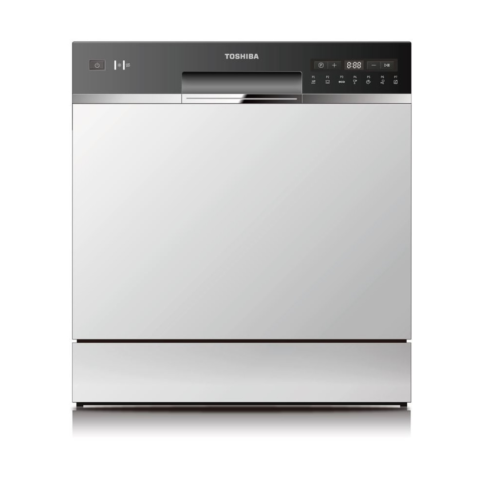Masina spalat vase compacta Toshiba DW-08T2EW, Clasa F, 8 seturi, 7 programe, 55 cm, alba