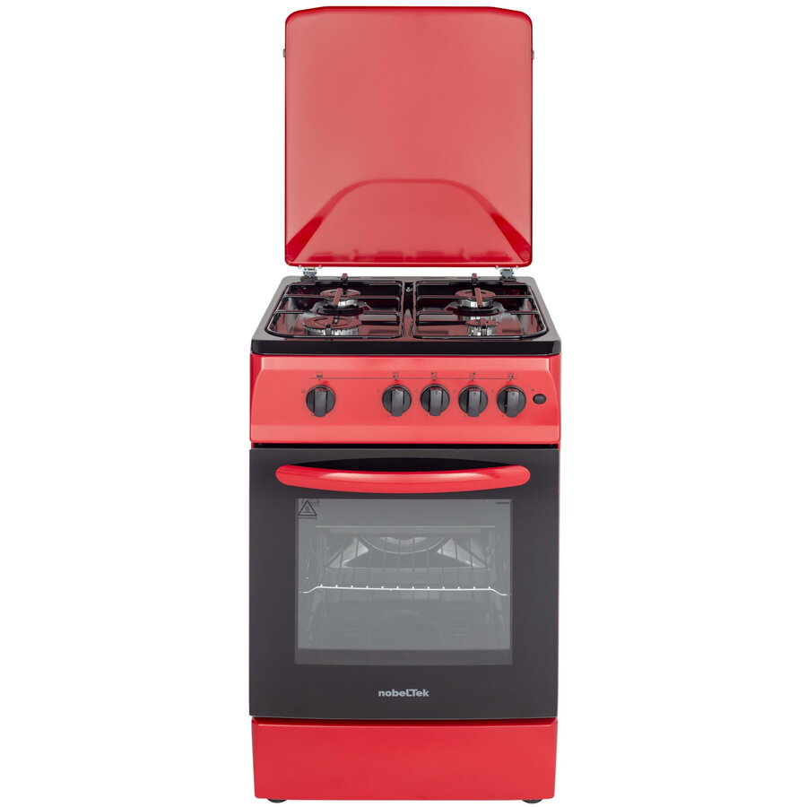 Aragaz NobelTek NLT 5602R/G1, Gaz, 4 arzatoare, Dispozitiv siguranta plita si cuptor, Aprindere electrica, 50 x 60 cm, Rosu