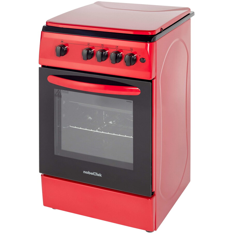 Aragaz NobelTek NLT 5602R/G1, Gaz, 4 arzatoare, Dispozitiv siguranta plita si cuptor, Aprindere electrica, 50 x 60 cm, Rosu