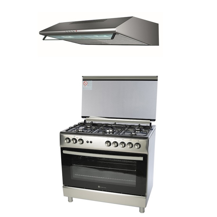 Pachet Studio Casa aragaz pe gaz 5 ochiuri FE90/60, 90 cm si hota ST2196X 90 cm, gratare fonta, Inox