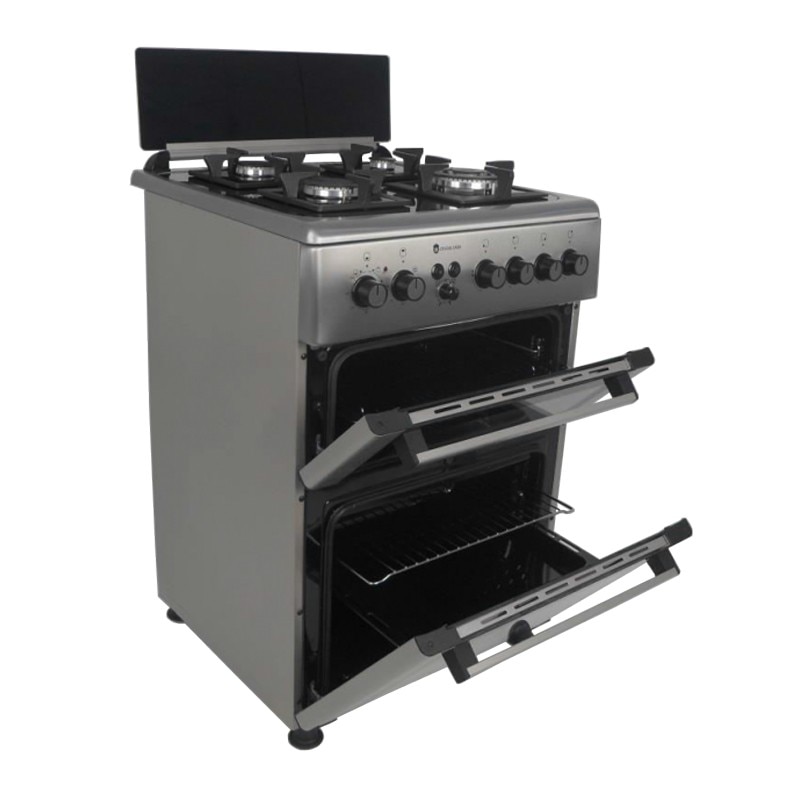 Set aragaz mixt Studio Casa Lean Duetto 60/60 cm si hota telescopica incorporabila 60 cm, 2 cuptoare, Cuptor electric si Cuptor gaz, 4 arzatoare gaz, Ventilator, Aprindere electrica, Inox/ Sticla neagra