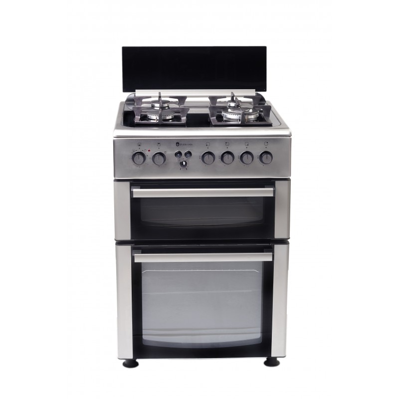 Set aragaz mixt Studio Casa Lean Duetto 60/60 cm si hota telescopica incorporabila 60 cm, 2 cuptoare, Cuptor electric si Cuptor gaz, 4 arzatoare gaz, Ventilator, Aprindere electrica, Inox/ Sticla neagra