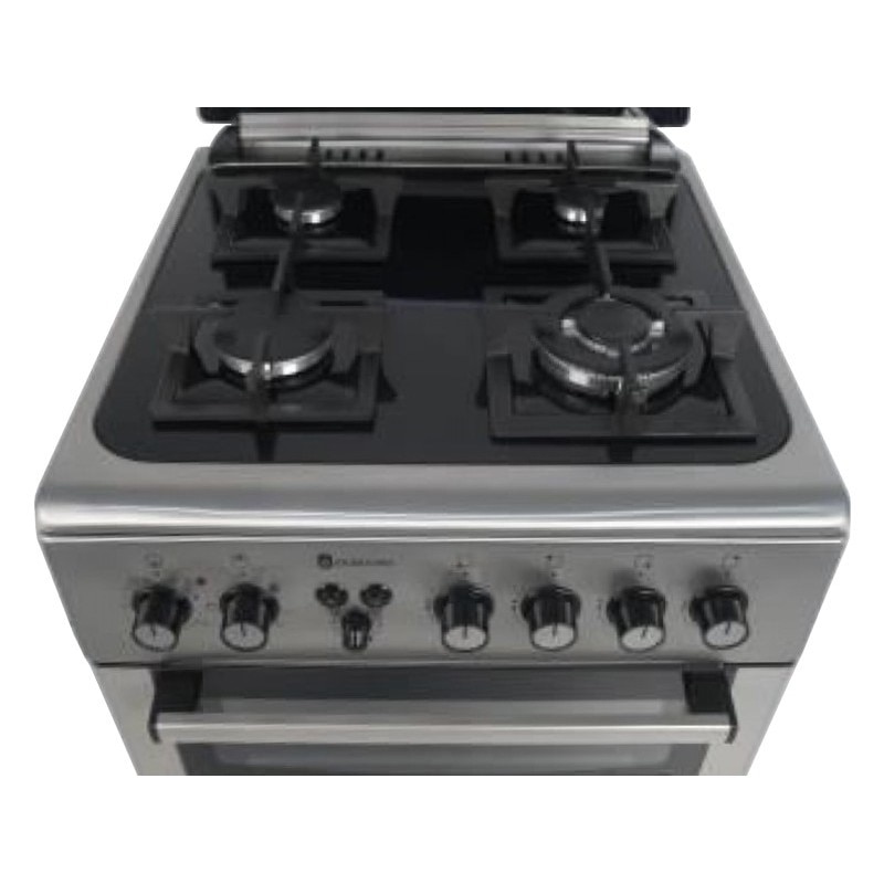 Set aragaz mixt Studio Casa Lean Duetto 60/60 cm si hota telescopica incorporabila 60 cm, 2 cuptoare, Cuptor electric si Cuptor gaz, 4 arzatoare gaz, Ventilator, Aprindere electrica, Inox/ Sticla neagra