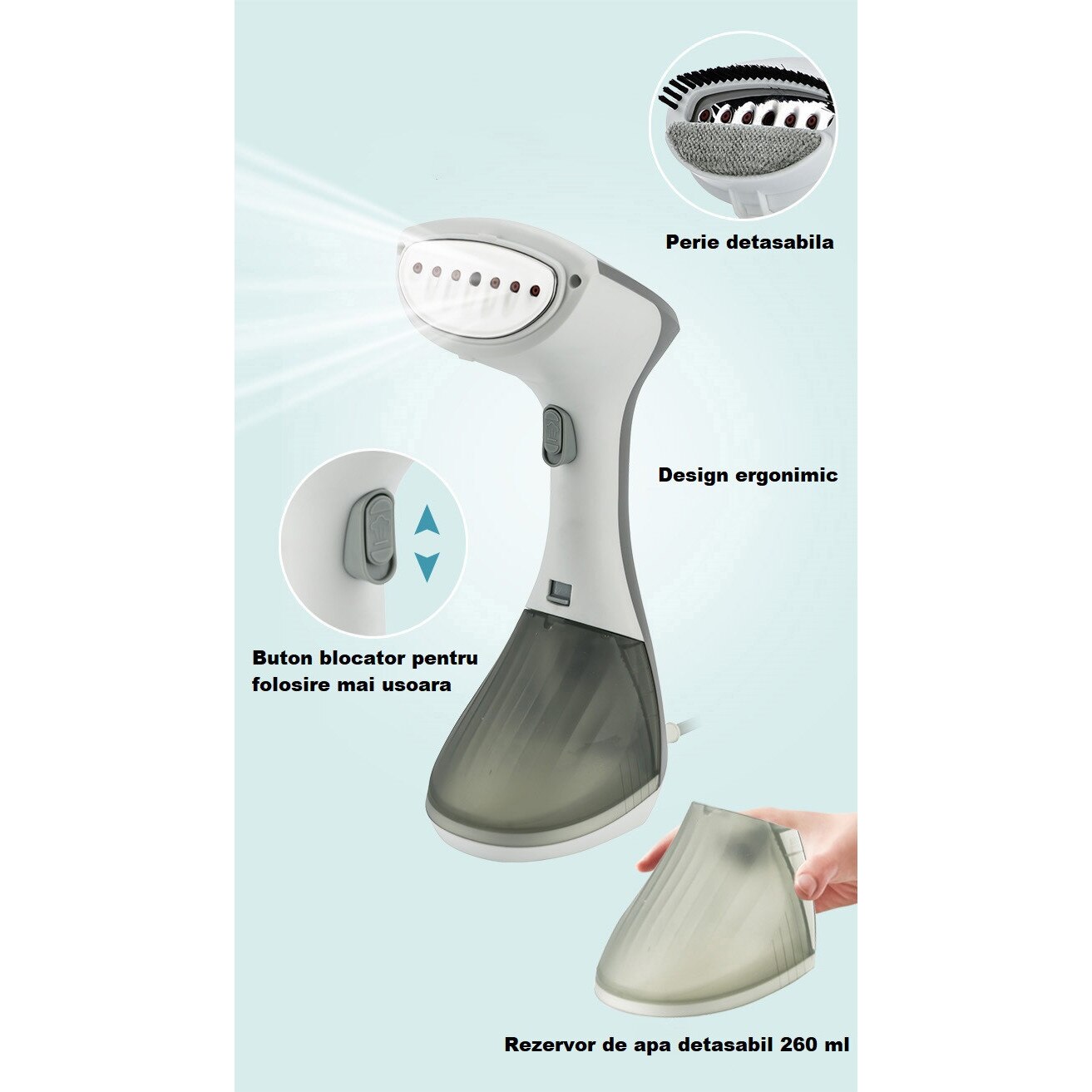 Fier de calcat cu abur, orizontal/vertical, 25g/min, 1300W, portabil, rezervor 260 ml, alb