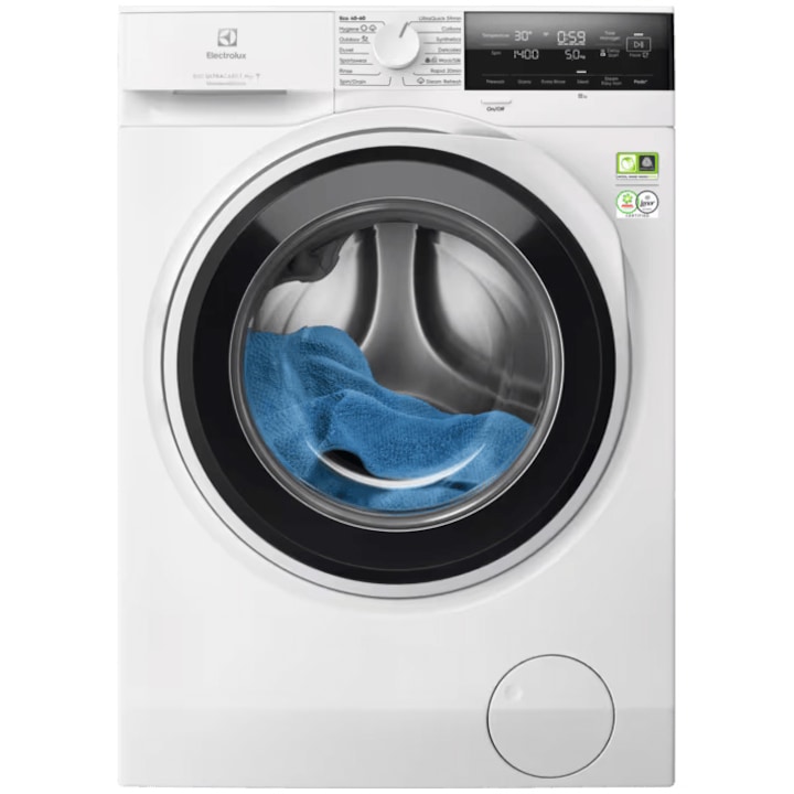 Masina de spalat rufe Electrolux Ecoline EW8F3494EQ, 9 kg, 1400 RPM, WiFi, Clasa A, Motor Inverter, Dozator Universal detergent, UltraCare, TimeManager, Abur Improspatare/EasyIron, Rapid 20 min, Alb