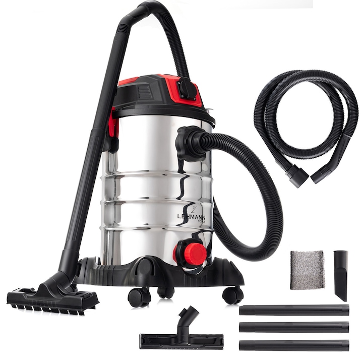 Aspirator umed/uscat, multifunctional, Lehmann Force, industrial, putere 1500W, priza pentru scule electrice 2000W, recipient 30L, Aluminiu, furtun 1.5 m, functie de suflare, 48.5x60x48.5 cm, 6.5 kg, argintiu/negru/rosu
