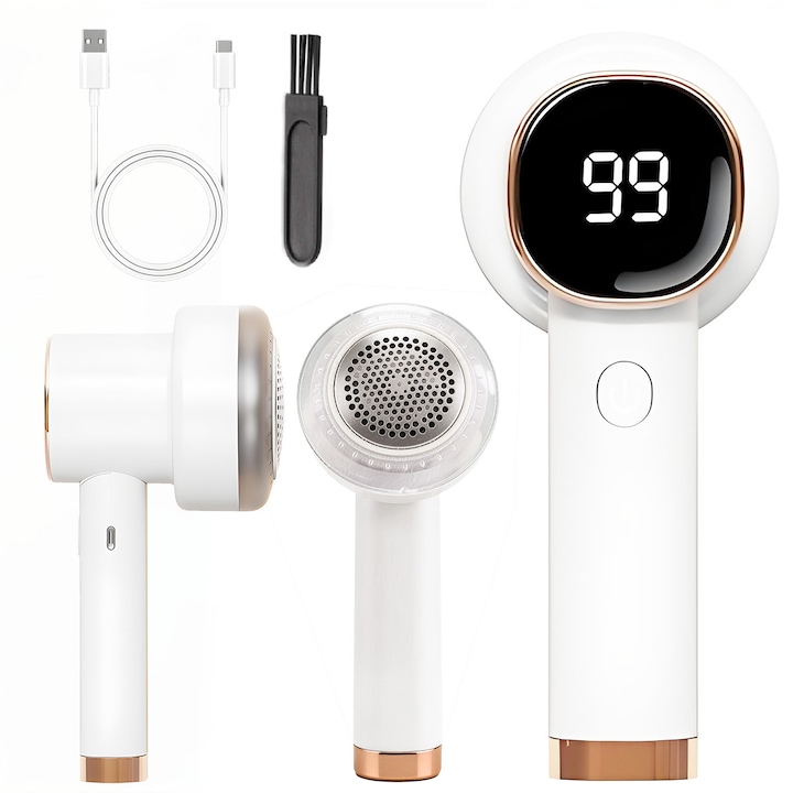 Aparat de curatat scame electric reincarcabil cu afisaj digital，cutit cu 6 lame din inox, 3 inaltimi de taiere，90 de minute de functionare