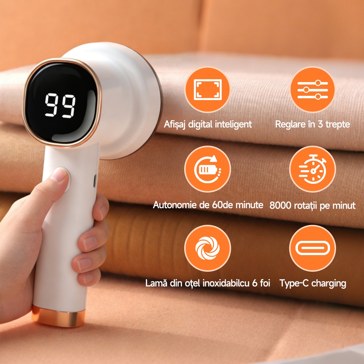 Aparat de curatat scame electric reincarcabil cu afisaj digital，cutit cu 6 lame din inox, 3 inaltimi de taiere，90 de minute de functionare