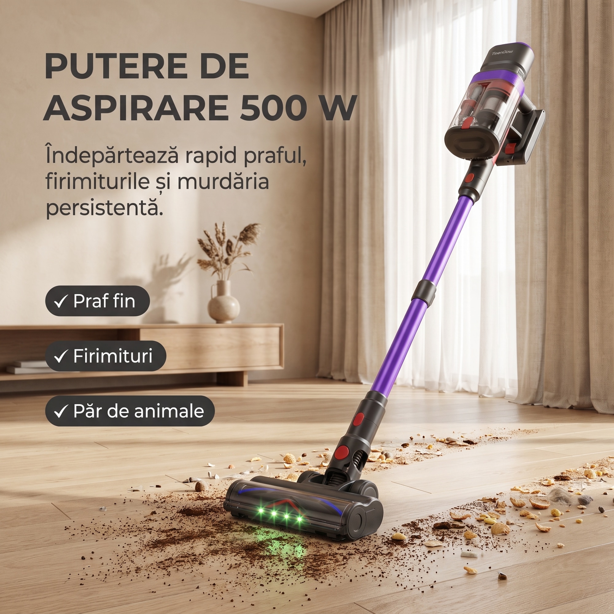 Aspirator Vertical 3 In 1, SeveShop® Teendow V20, Aspirator Fara Fir 500 W, Aspirator Vertical Cu Ecran Digital Si 3 Moduri De Curatare, Filtru HEPA In Mai Multe Etape, Capacitate 1.4 L, Autonomie Pana La 30 Min, Curatare Uscata Si Umeda, Aspirator Alb