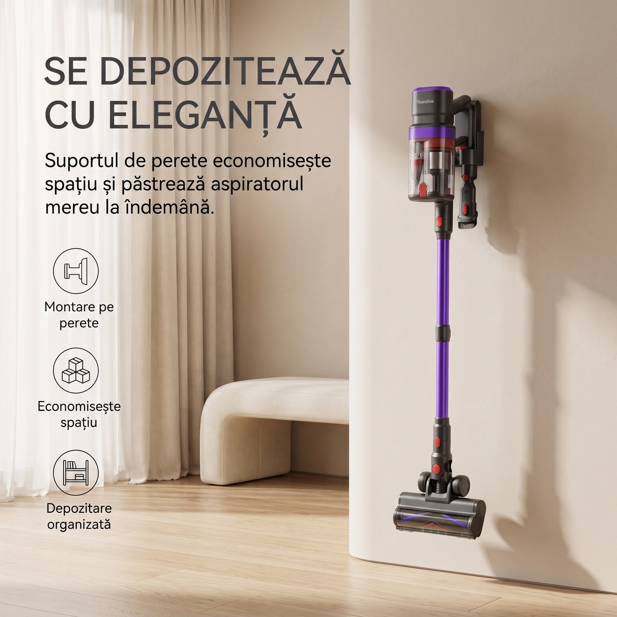 Aspirator Vertical 3 In 1, SeveShop® Teendow V20, Aspirator Fara Fir 500 W, Aspirator Vertical Cu Ecran Digital Si 3 Moduri De Curatare, Filtru HEPA In Mai Multe Etape, Capacitate 1.4 L, Autonomie Pana La 30 Min, Curatare Uscata Si Umeda, Aspirator Alb